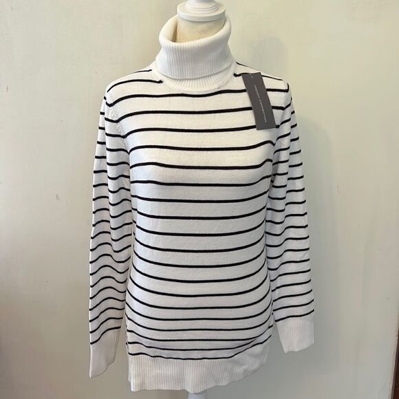 French Connection winter white and wine striped turtleneck sweater Size L New - Picture 1 of 9